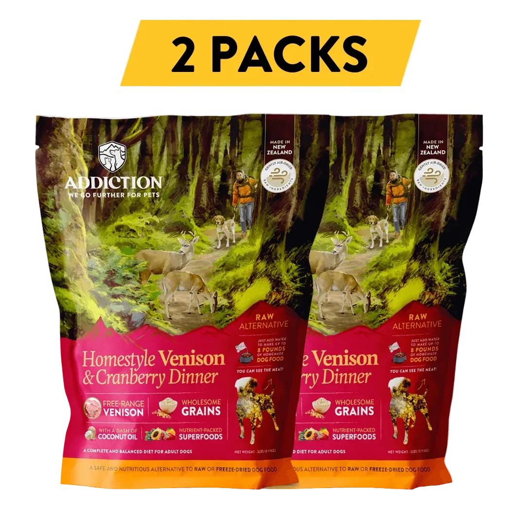 2 packs of Addiction Homestyle Venison & Cranberry Dog Food, raw alternative with free-range venison and wholesome grains