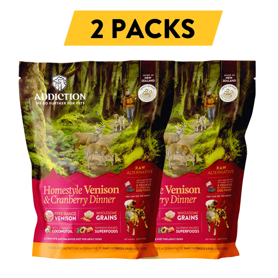 Two-pack dog food pouches, Homestyle venison & cranberry dinner, raw alternative grains
