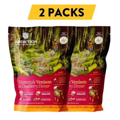 2 packs of Addiction Homestyle Venison & Cranberry Dog Food, raw alternative with free-range venison and wholesome grains