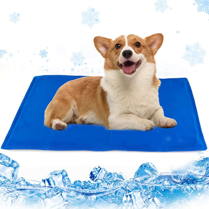 Blue pet cooling mat with corgi dog lying on top