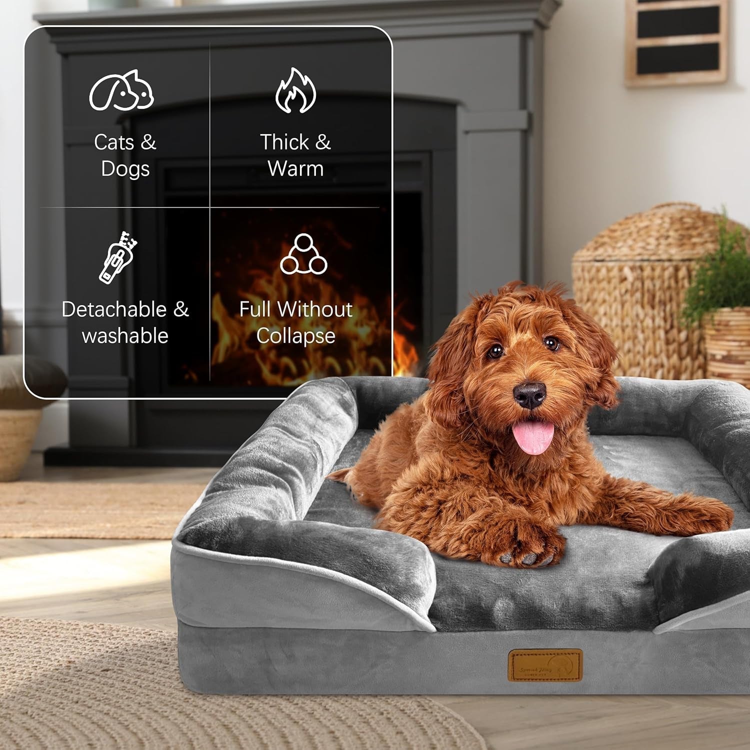 Gray dog sofa bed with bolsters, brown dog lying on the cushioned base