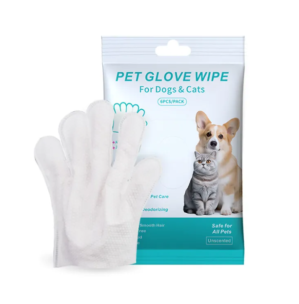 Pet glove wipe pack with two white cleaning gloves for dogs and cats