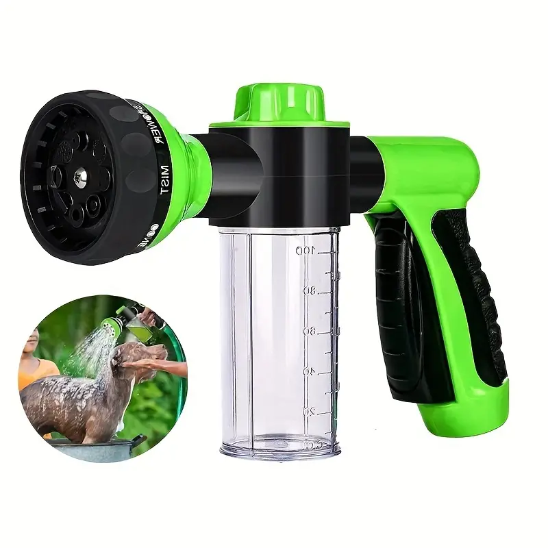 Green dog wash hose attachment with clear shampoo dispenser and black spray head