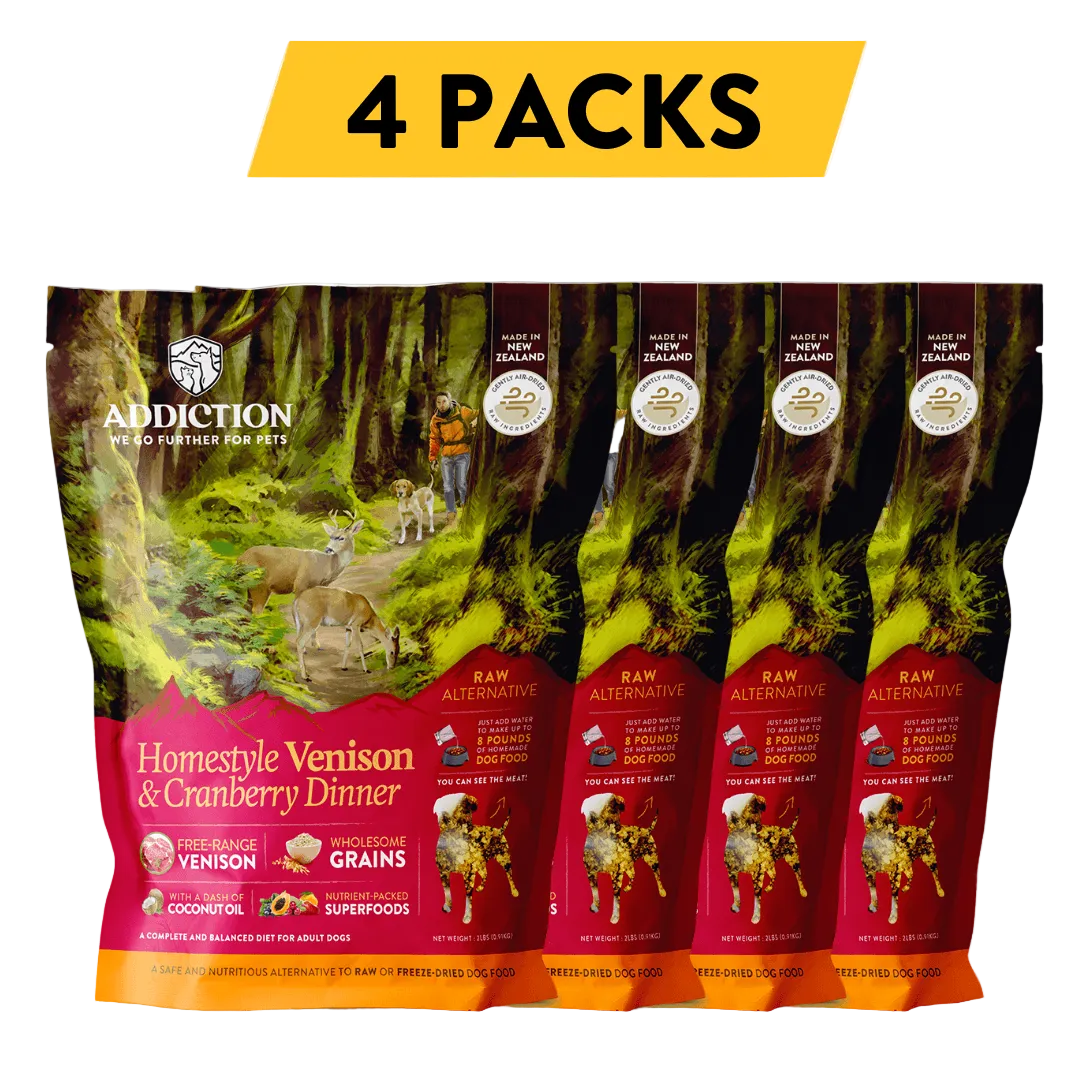 Four-pack dog food pouches, Homestyle venison & cranberry dinner, raw alternative grains