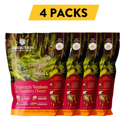 4 packs of Addiction Homestyle Venison & Cranberry Dinner raw alternative freeze-dried dog food, made in New Zealand