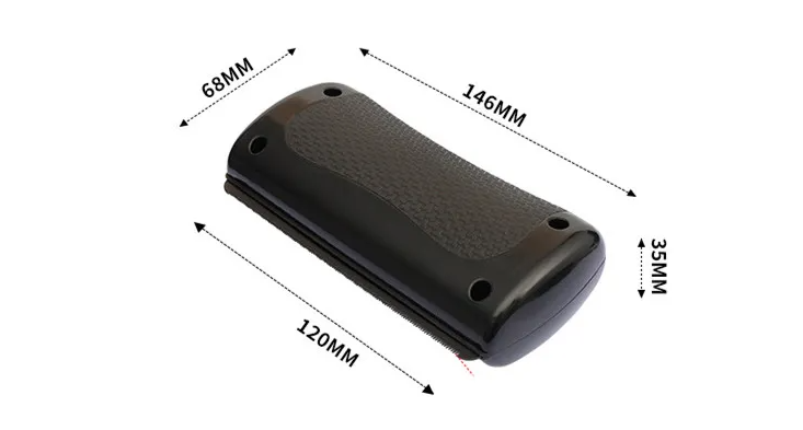 Black pet grooming comb with textured grip and three size measurement arrows