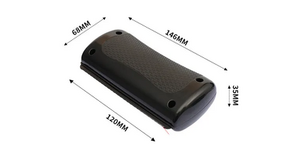 Black pet grooming comb with textured grip and three size measurement arrows