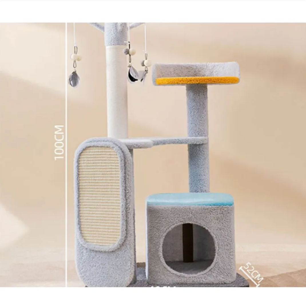 Cat scratching platform with gray frame, beige sisal scratch pad, blue and yellow perches