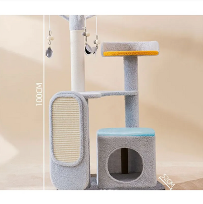 Cat scratching platform with gray frame, beige sisal scratch pad, blue and yellow perches