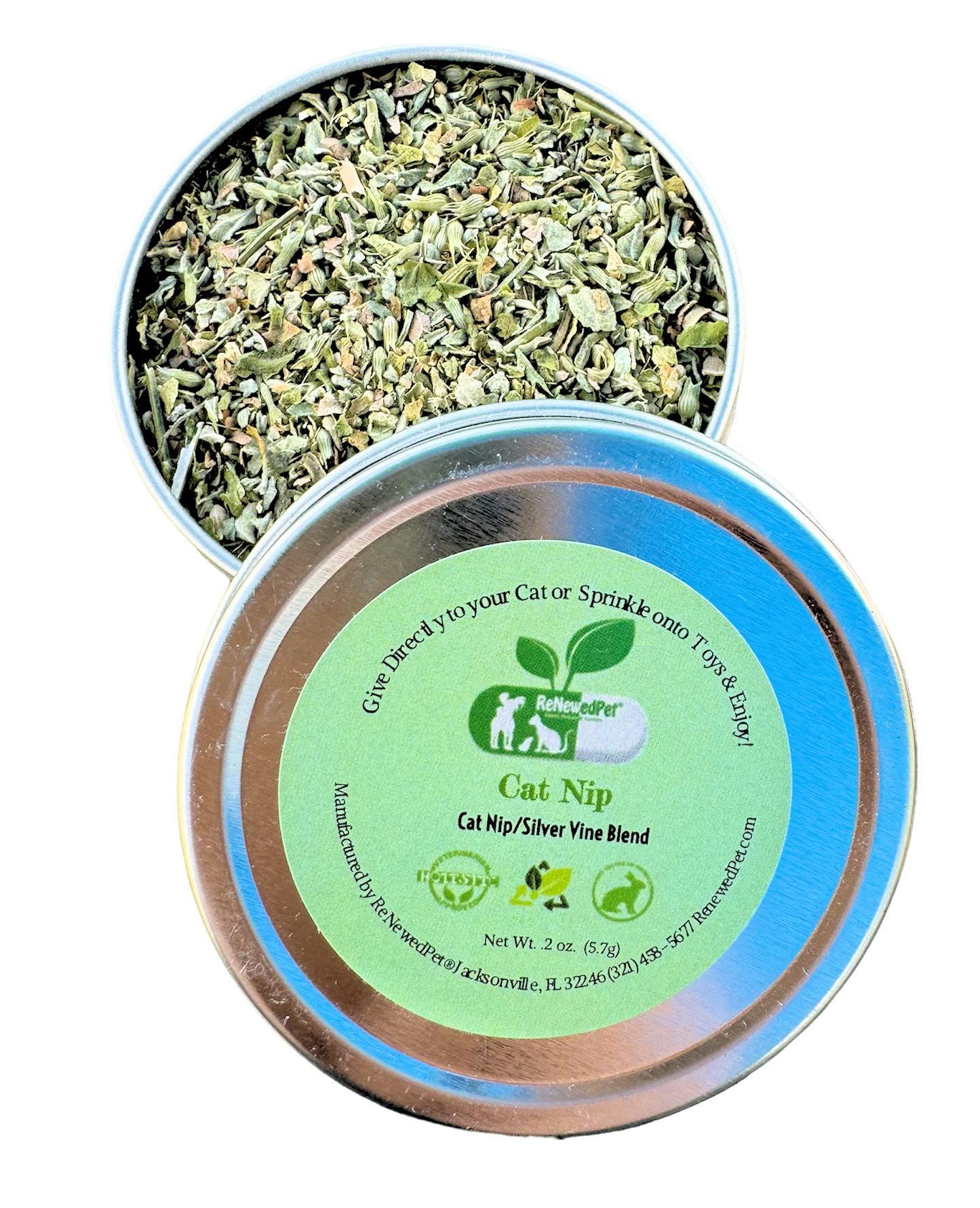 Catnip and silver vine mix metal tin, green label and dried leaf contents