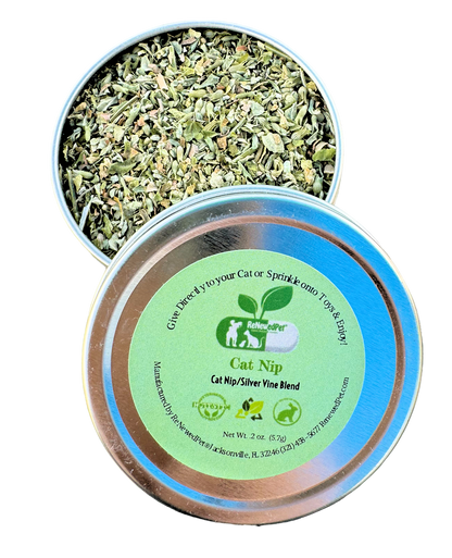 Catnip and silver vine mix metal tin, green label and dried leaf contents