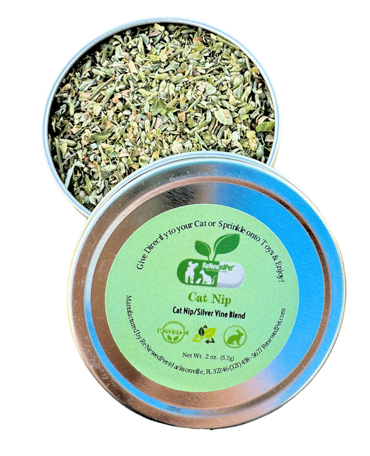 Catnip and silver vine mix metal tin, green label and dried leaf contents