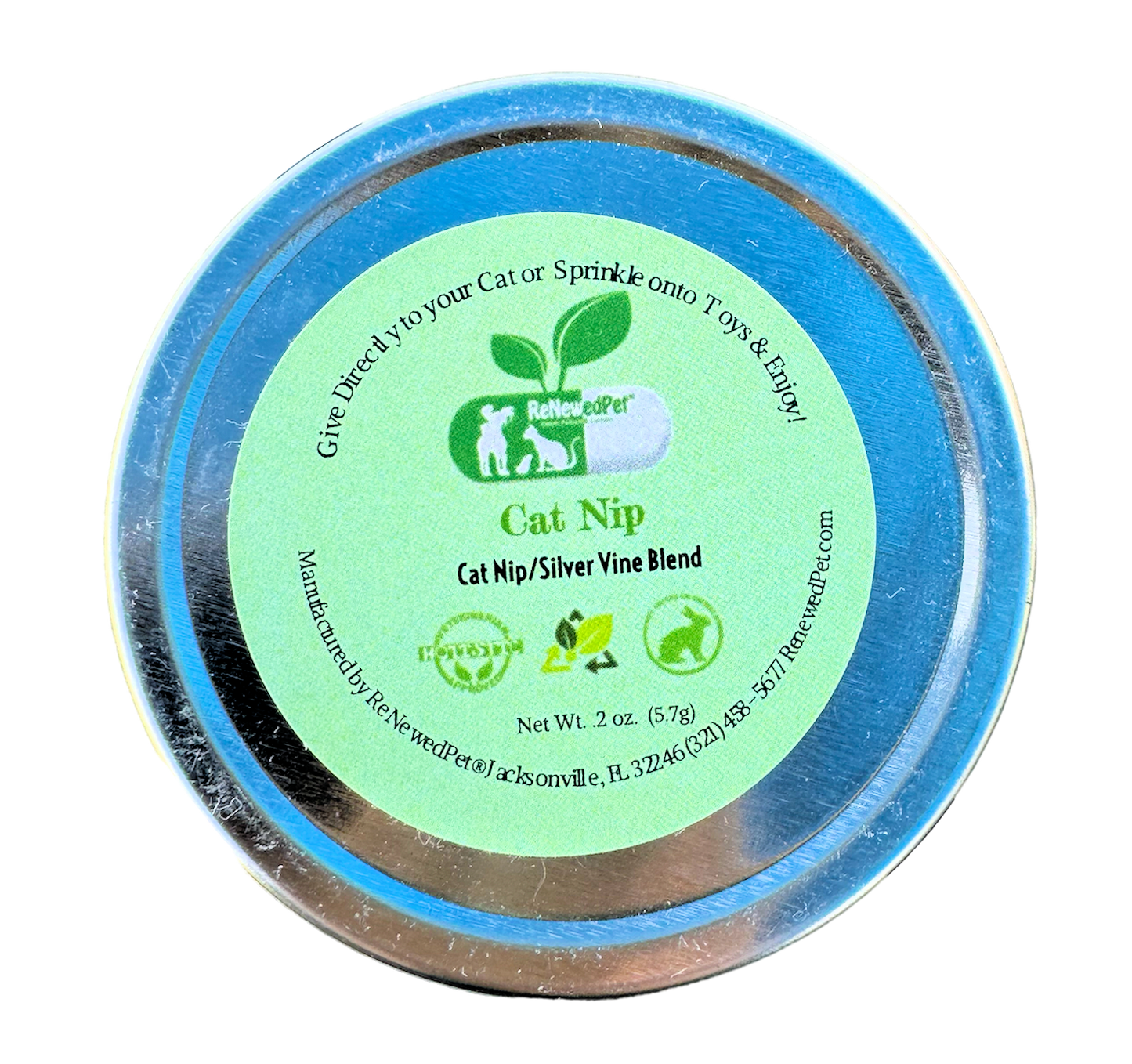 Catnip and silver vine mix metal tin lid with green label and blue rim