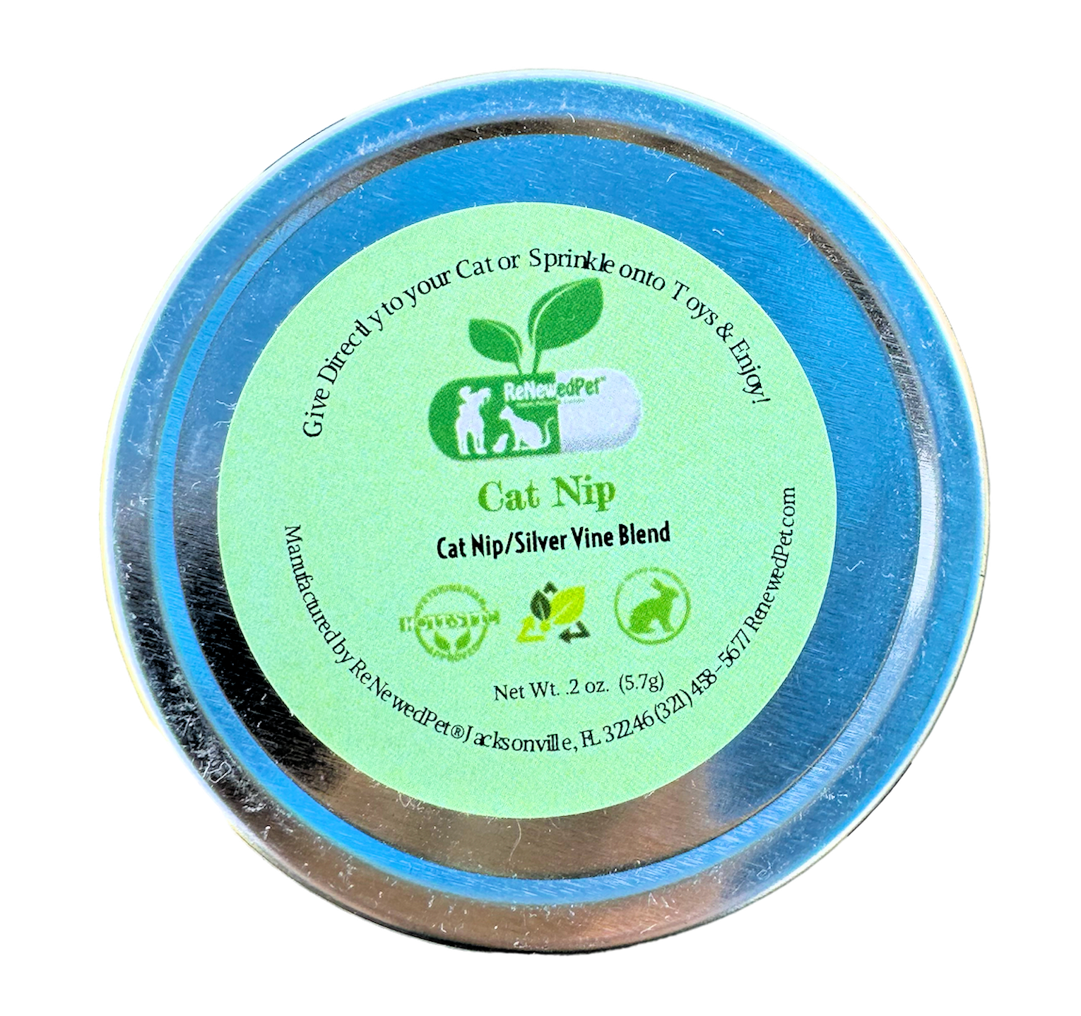 Catnip and silver vine mix metal tin lid with green label and blue rim