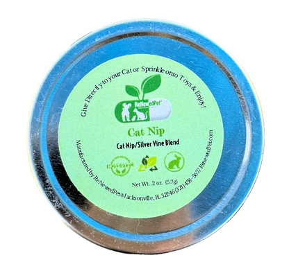 Catnip and silver vine mix metal tin lid with green label and blue rim