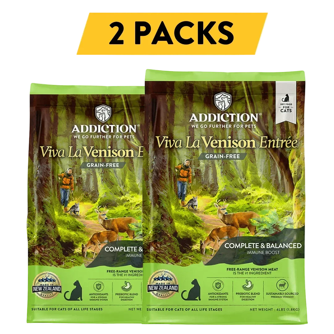 Two-pack of Addiction Viva La Venison Entrée grain-free dry cat food bags
