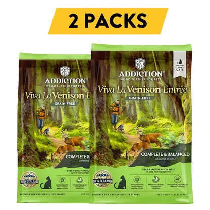 Two-pack of Addiction Viva La Venison Entrée grain-free dry cat food bags