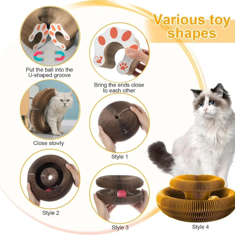 Camel spiral cat scratch toy with ball routes in multiple play styles