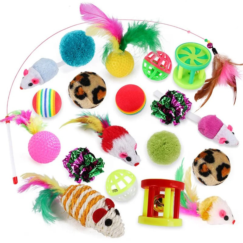 Assorted cat toy set with plush mice, pom-poms, rainbow balls, and feather wand