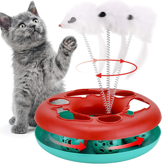 Red and teal interactive cat toy with white mouse on a spring track and spinning base