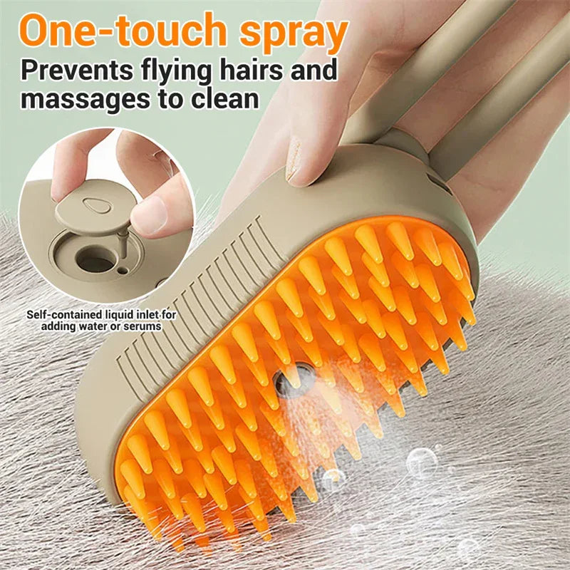 Beige electric cat spray massage brush with orange spiked comb head and control button