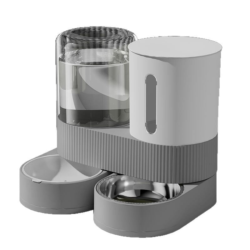 Automatic pet water and food dispenser with clear water tank, white food bin, gray base