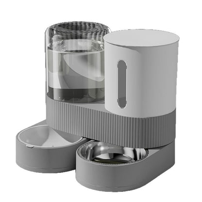 Automatic pet water and food dispenser with clear water tank, white food bin, gray base