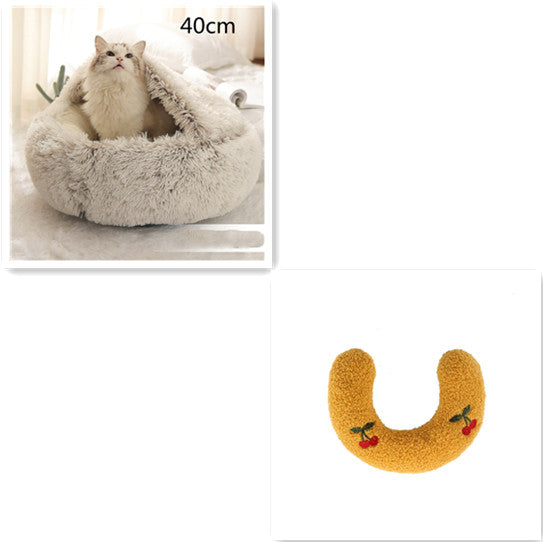 Plush pet bed for cats and dogs, 40cm, light gray round cave; rust U-shaped plush