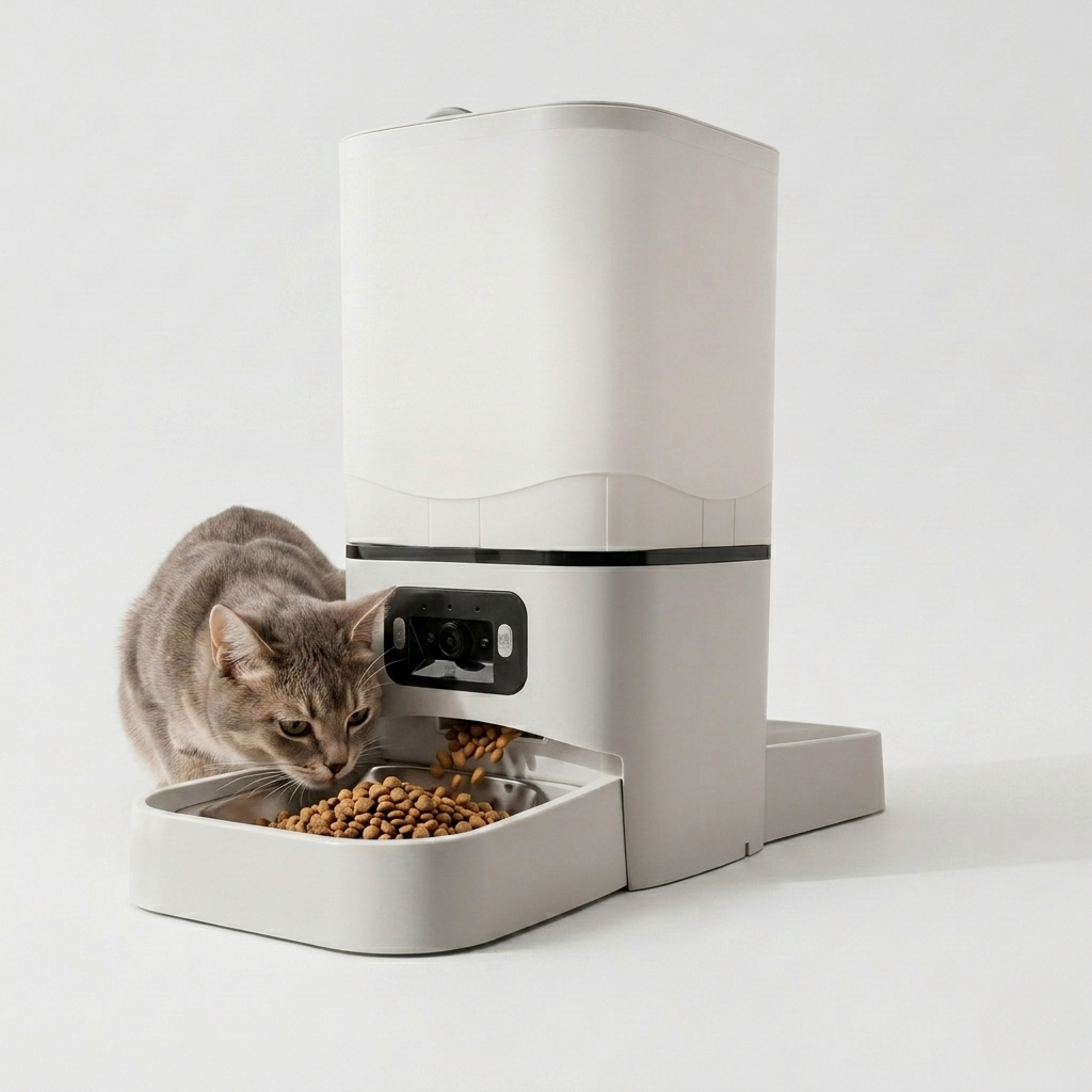 White automatic pet feeder with clear hopper and front camera-style sensor