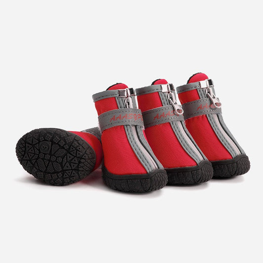 Waterproof pet rain boots, red with dark gray trim and hook-and-loop straps.