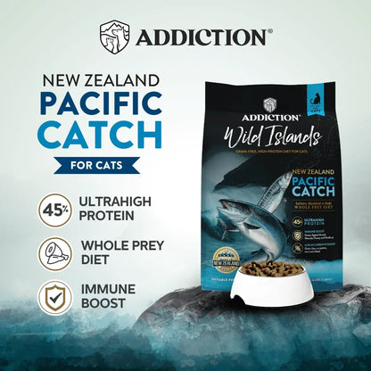 Wild Islands Pacific Catch dry cat food bag with feeding benefits text panel