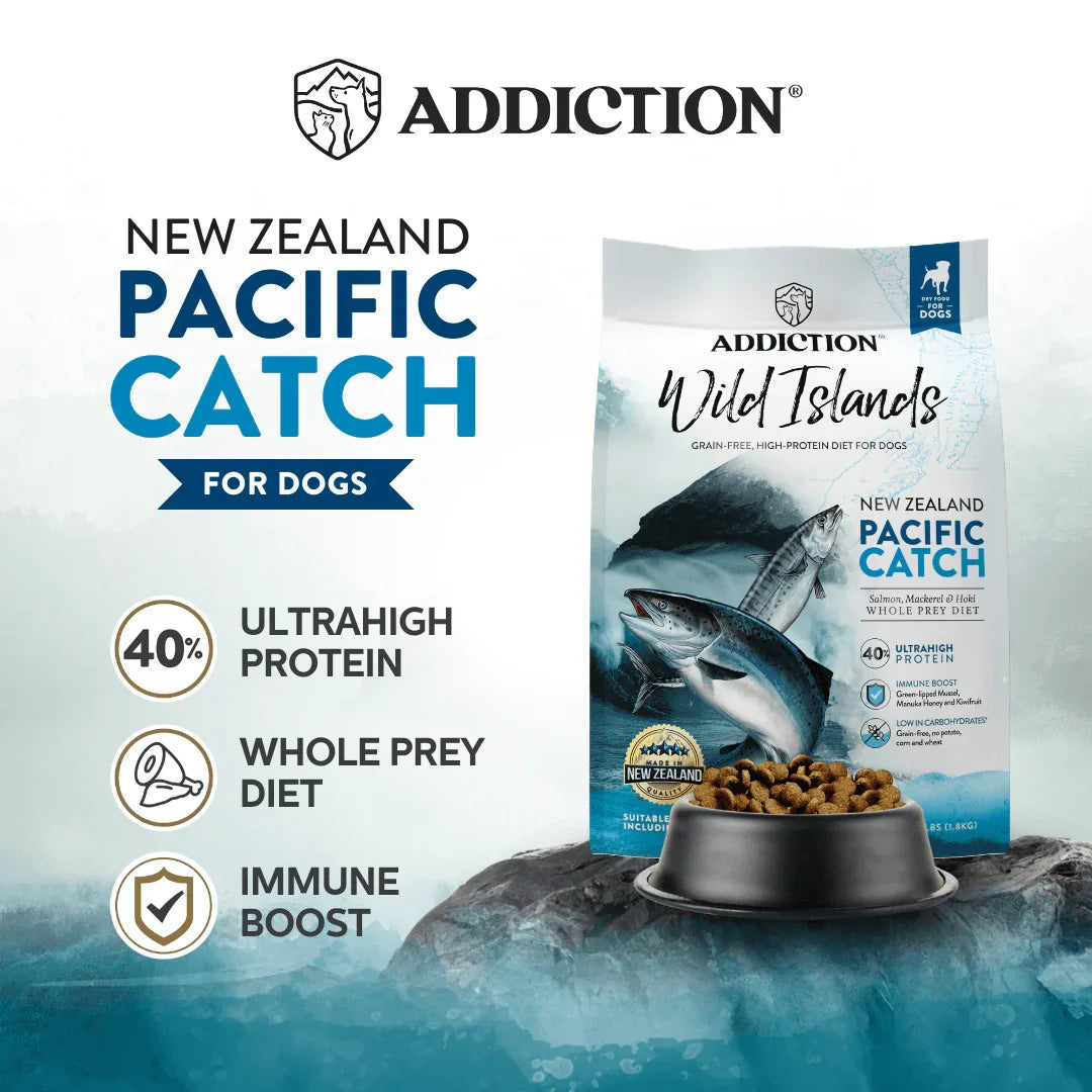 ADDICTION New Zealand Pacific Catch dog food bag with key benefits icons