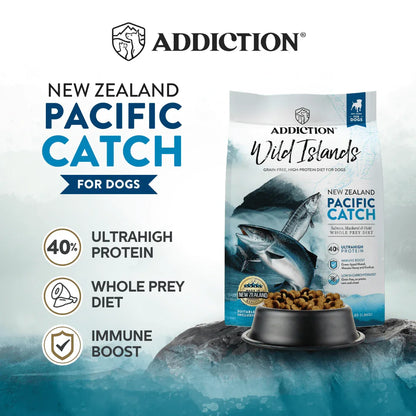 ADDICTION New Zealand Pacific Catch dog food bag with key benefits icons