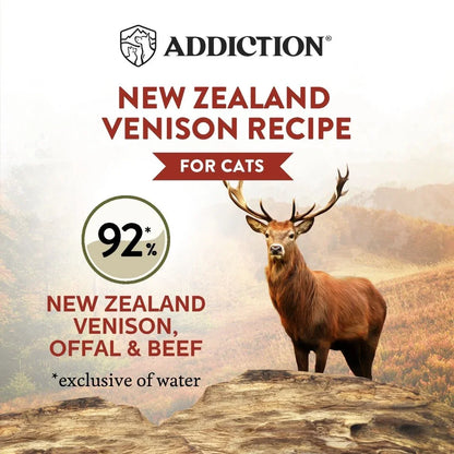 Cat food label for cats: New Zealand venison recipe with 92% claim and deer