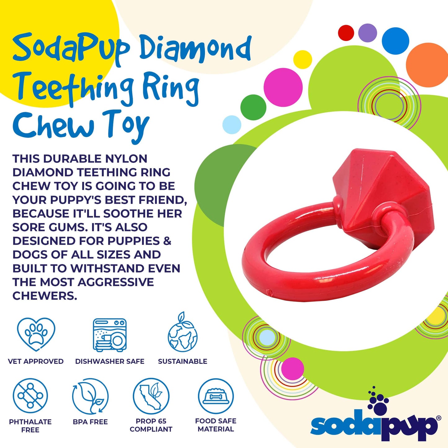 Red diamond chewer teething ring with circular loop on graphic