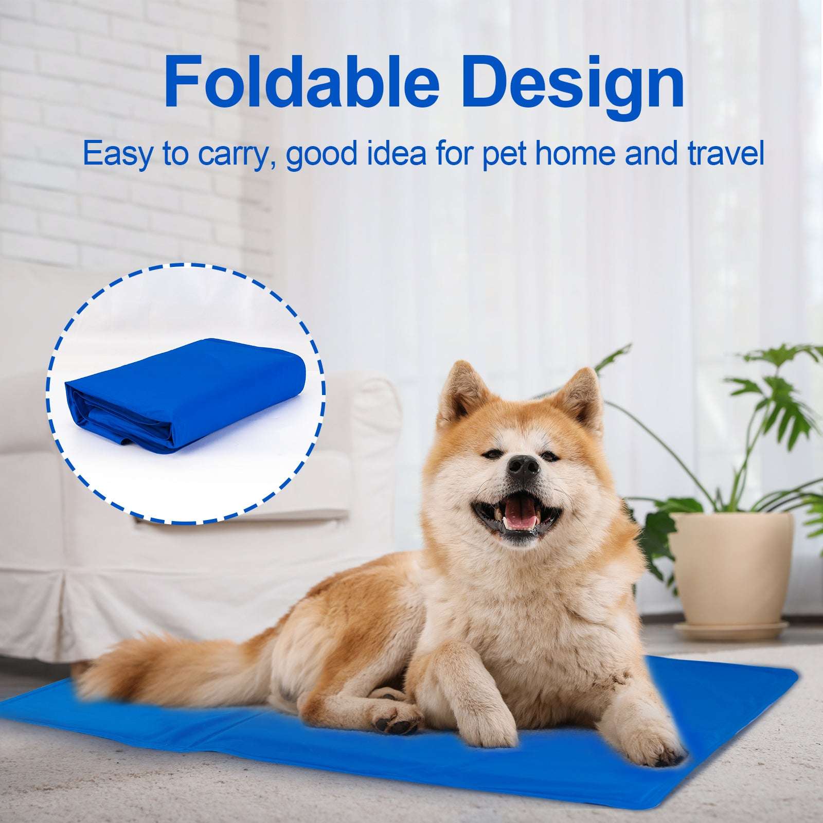 Folded blue pet cooling mat with dog lying on the unfolded section