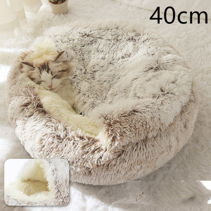 Plush pet bed for cats and dogs, 40cm, tan shag round cave with sleeping cat