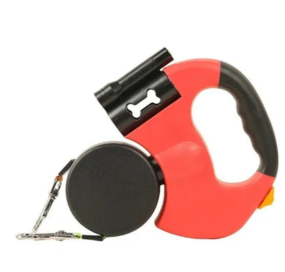 Red and black double retractable dog leash with two round retractors and twin clips