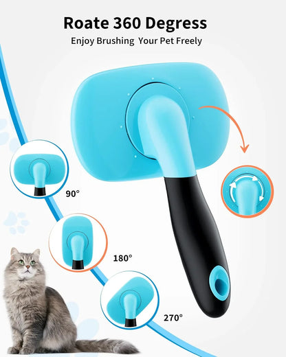 360-degree rotating grooming brush with blue head and black handle