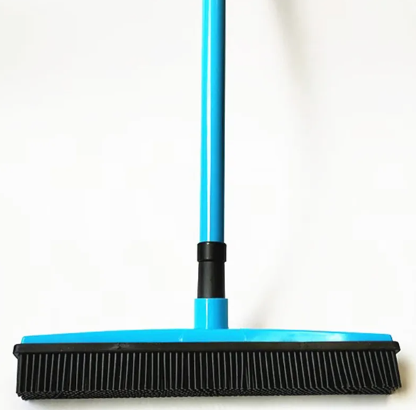 Pet hair removal broom mop with blue handle and black bristle floor-sweeping head