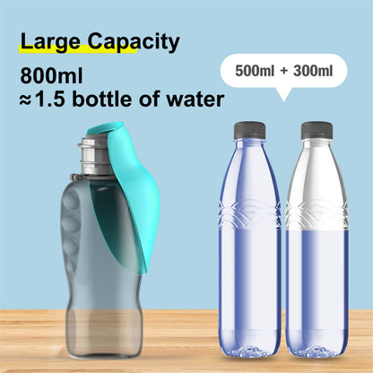 Portable dog water bottle with turquoise flip trough; shows large-capacity use with extra bottles