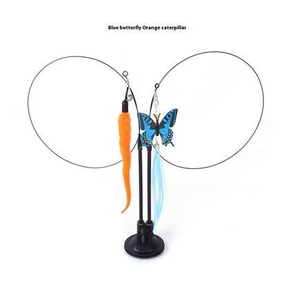 Cat suction teaser toy with blue butterfly, orange caterpillar plush, and double wand poles