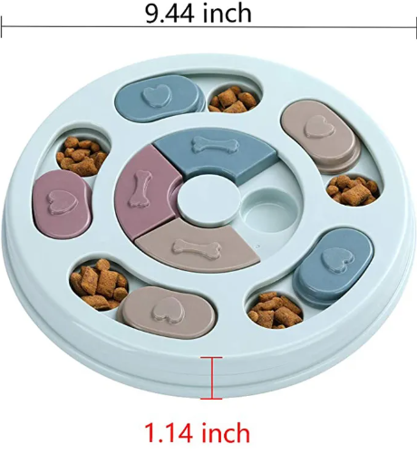 Round puzzle feeding bowl with light blue outer ring and bone-shaped treat compartments