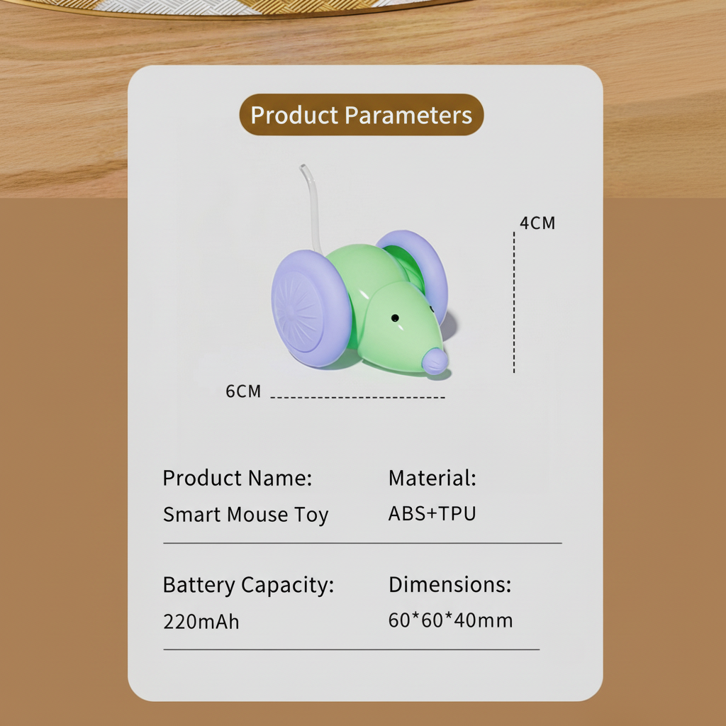 Cat LED mouse toy product-parameter card showing size, material, and battery specs