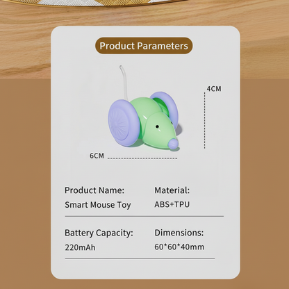 Cat LED mouse toy product-parameter card showing size, material, and battery specs