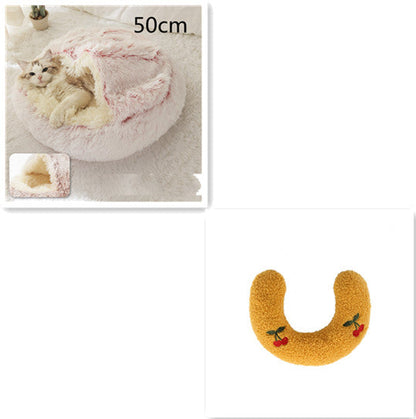 50cm plush pet bed, golden-brown U-shaped cushion with flower embroidery