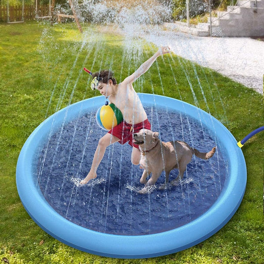 Blue inflatable dog sprinkler cooling mat with sea-themed graphics and yellow valve connection