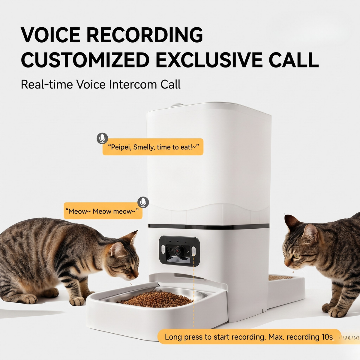 White smart pet feeder with open tray and front camera window