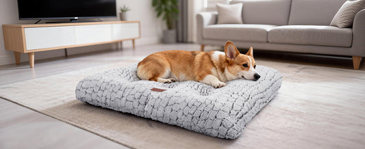 Gray soft dog crate bed pad with textured pebble pattern, rectangular shape