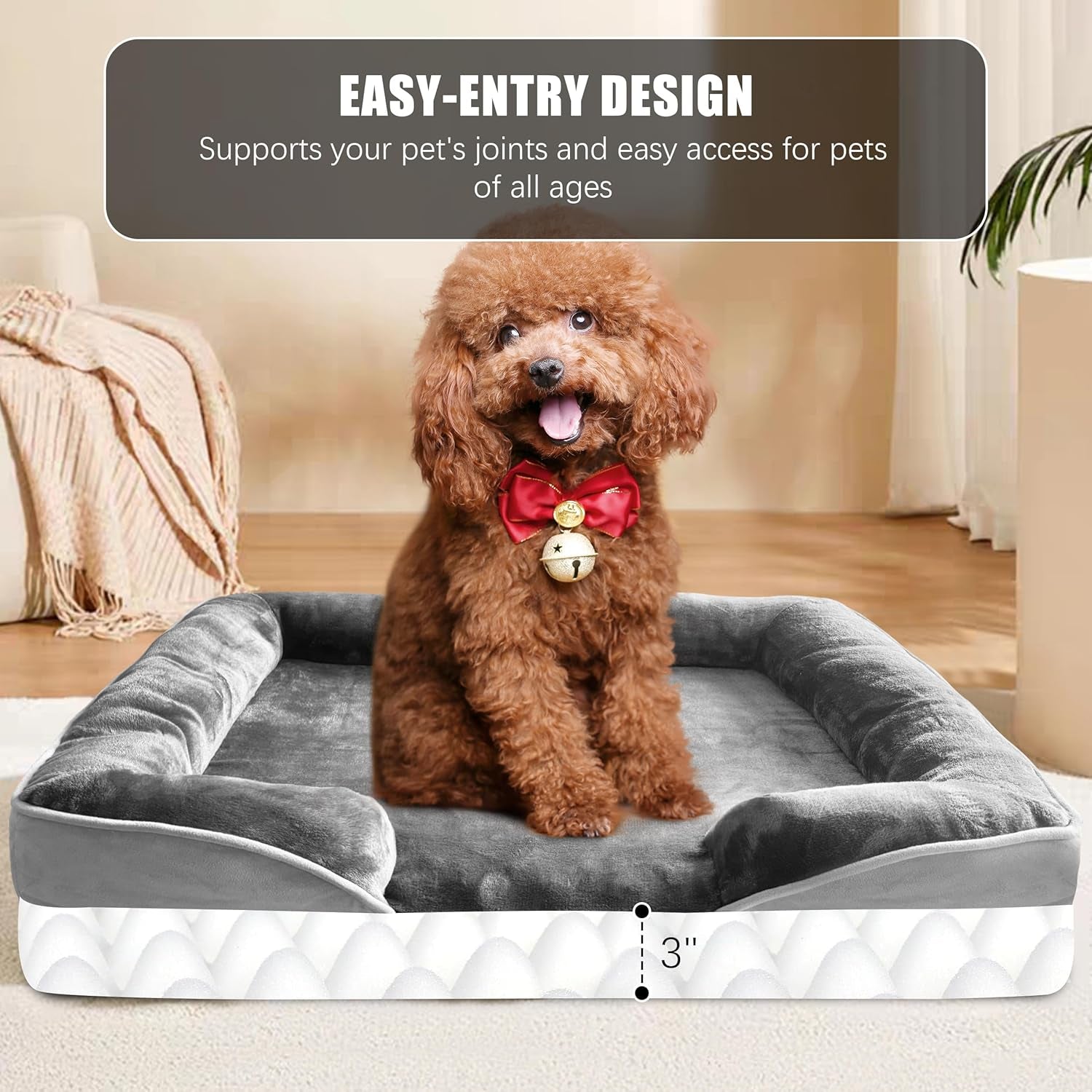 Brown dog relaxing in a gray dog bed with raised bolster pillows